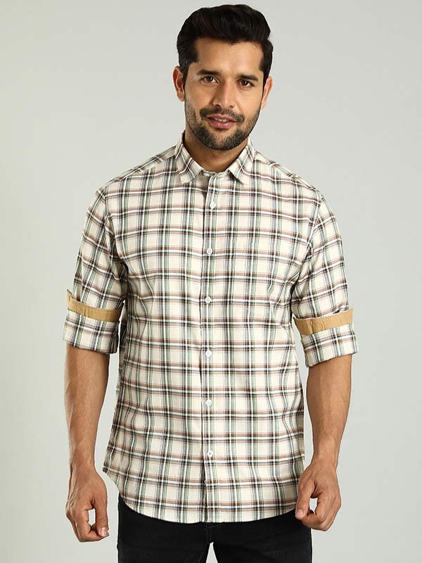 Indian Terrain Men's Regular Fit Full Sleeve Checkered Beige Shirt